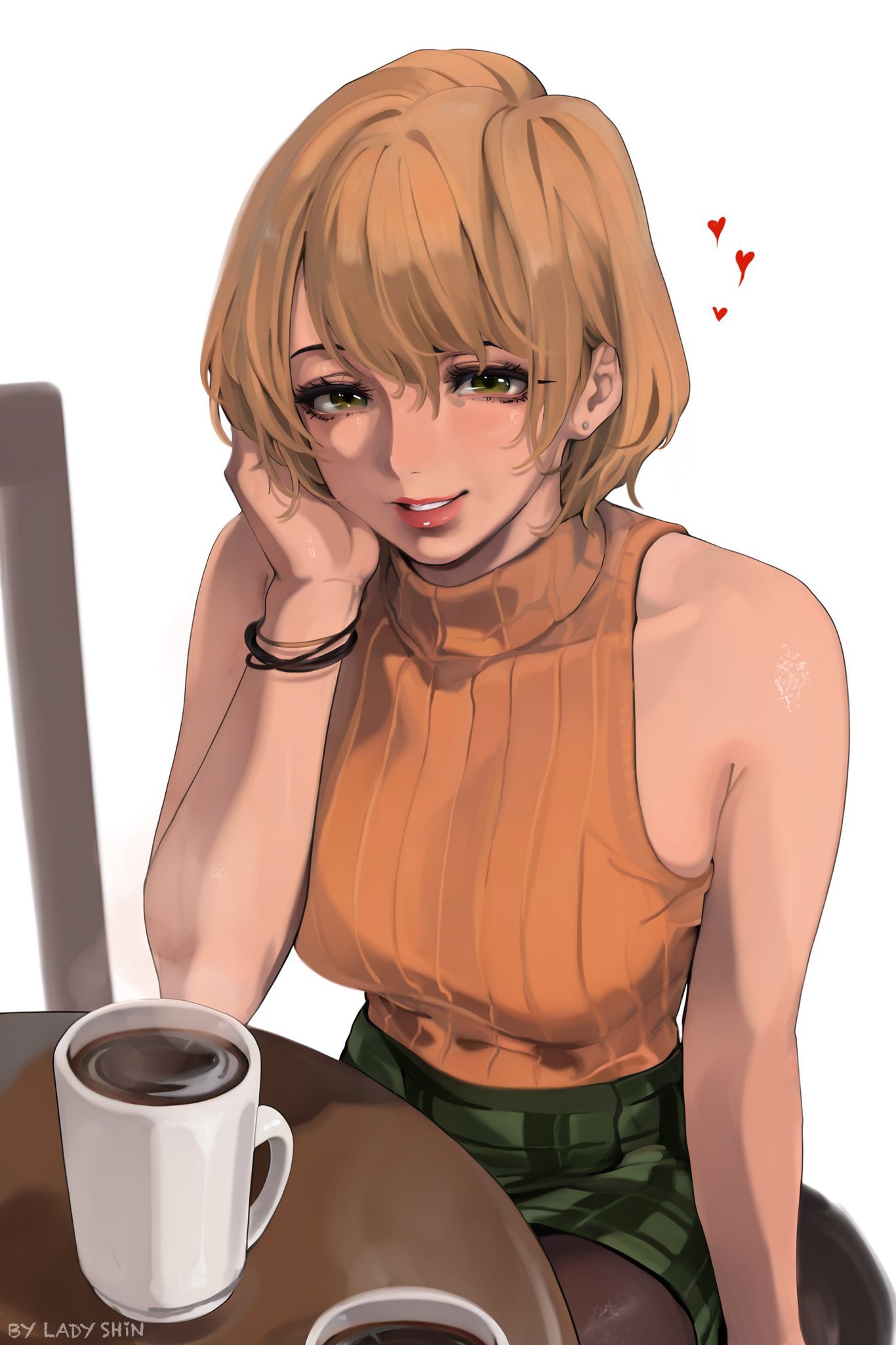 lady shin, ashley graham, resident evil, resident evil 4, highres, brown eyes, brown hair, coffee, coffee mug, cup, green skirt, looking at viewer, mug, orange sweater, pantyhose, short hair, simple background, sitting, skirt, sleeveless, sleeveless turtleneck, smile, solo, sweater, turtleneck