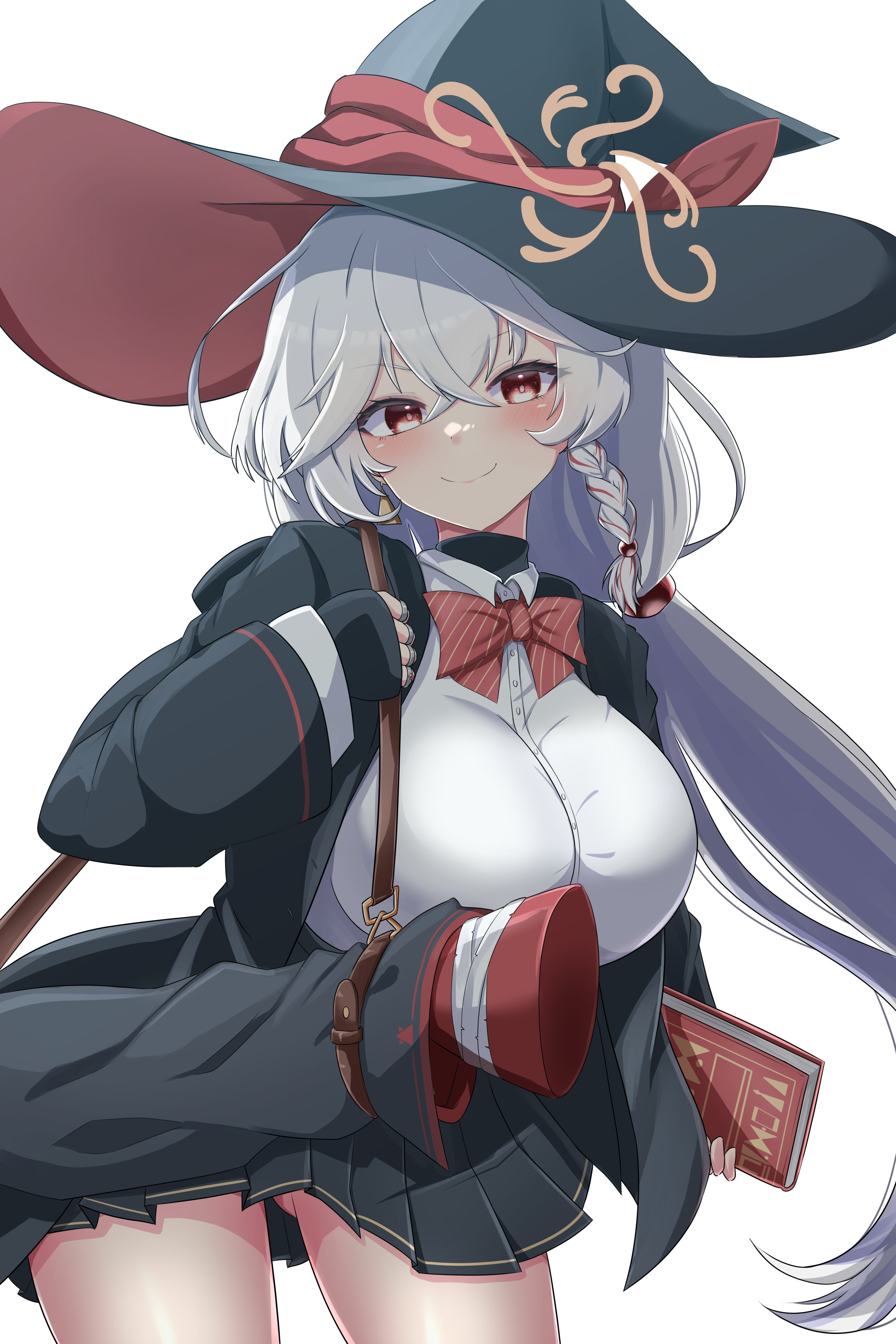 eri (blue archive), blue archive, blush stickers, book, bow, bowtie, braid, breasts, earrings, gluteal fold, gun, halo, hat, holding, holding book, jacket, jewelry, large breasts, long coat, long hair, orange eyesshirt, ring, skirt, soniakraze, strap, sweater, thighs, weapon, white hair, witch hat