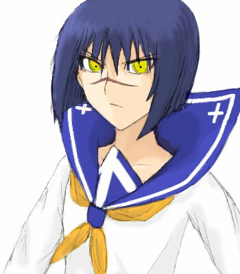 tsumura tokiko, busou renkin, lowres, 00s, blue hair, scar, school uniform, serafuku, yellow eyes