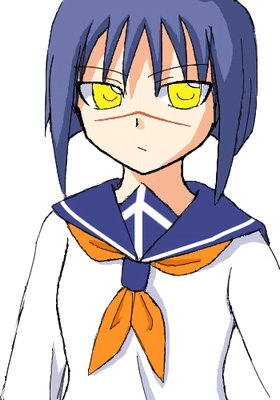 tsumura tokiko, busou renkin, lowres, 00s, 1girl, blue hair, female focus, scar, school uniform, serafuku, simple background, solo, yellow eyes
