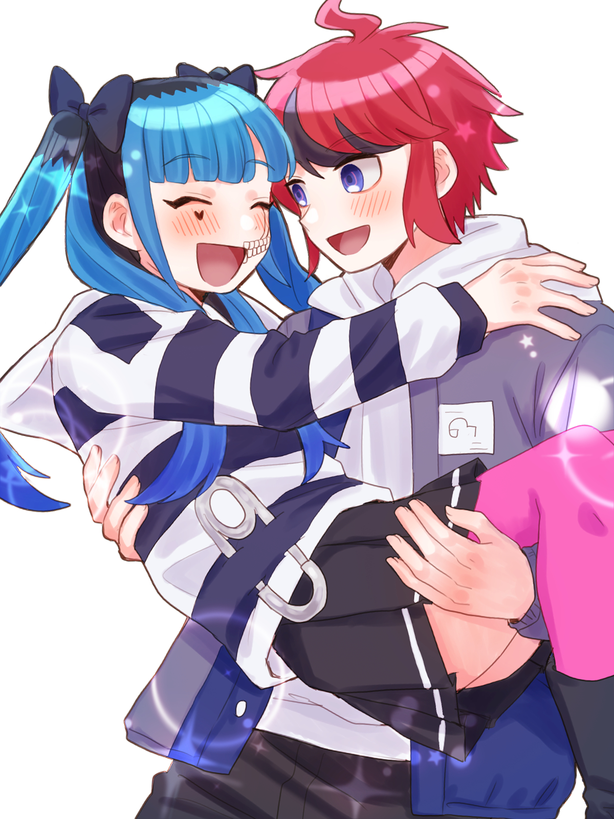 momo (momo 2muco), amemiya darumi, sumino takumi, the hundred line -last defense academy-, 1boy, 1girl, black hair, black pants, blue eyes, blue hair, blush, carrying, carrying person, closed eyes, grey jacket, hands on another's shoulders, hoodie, jacket, looking at another, pants, pink thighhighs, pleated skirt, red hair, safety pin, skirt, striped clothes, thighhighs, twintails, upper body, white hoodie
