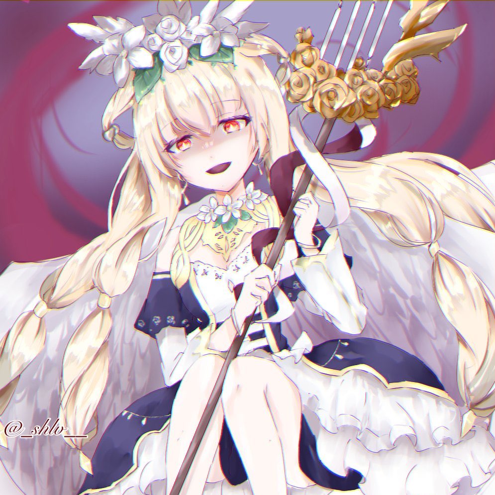 chaos therese (grimms notes), grimms notes, bad id, bad twitter id, 1girl, blonde hair, holding, holding staff, looking at viewer, open mouth, red eyes, shlv, smile, solo, staff, twitter username
