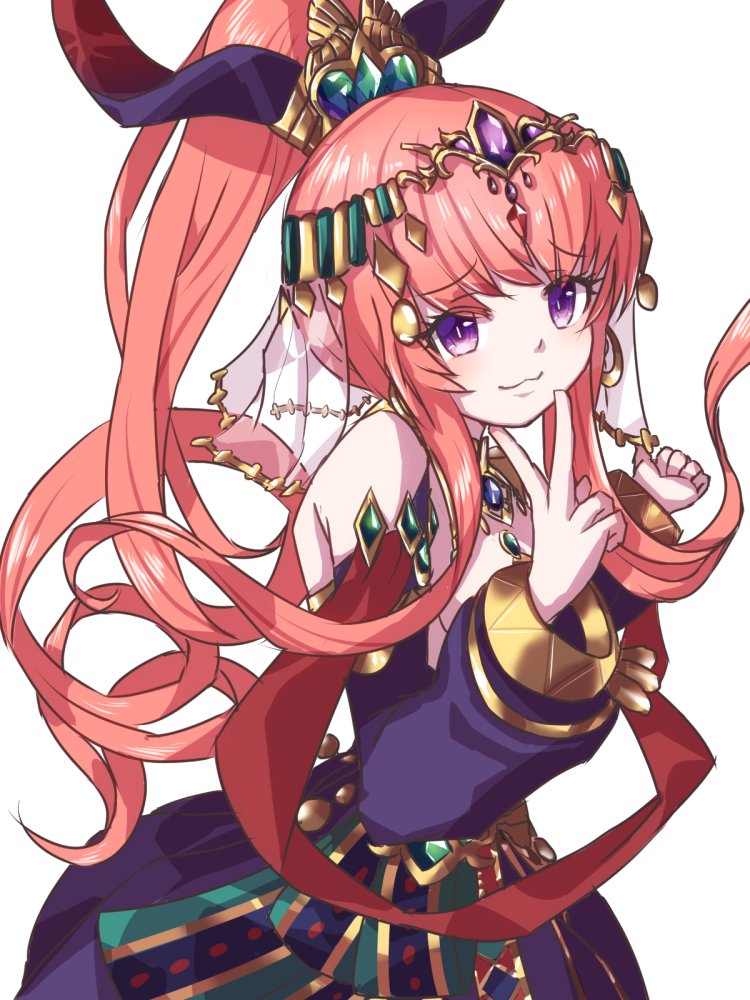 ishikoro, shadow morgiana (grimms notes), grimms notes, 1girl, detached sleeves, long hair, pink hair, ponytail, purple sleeves, simple background, smile, solo, white background