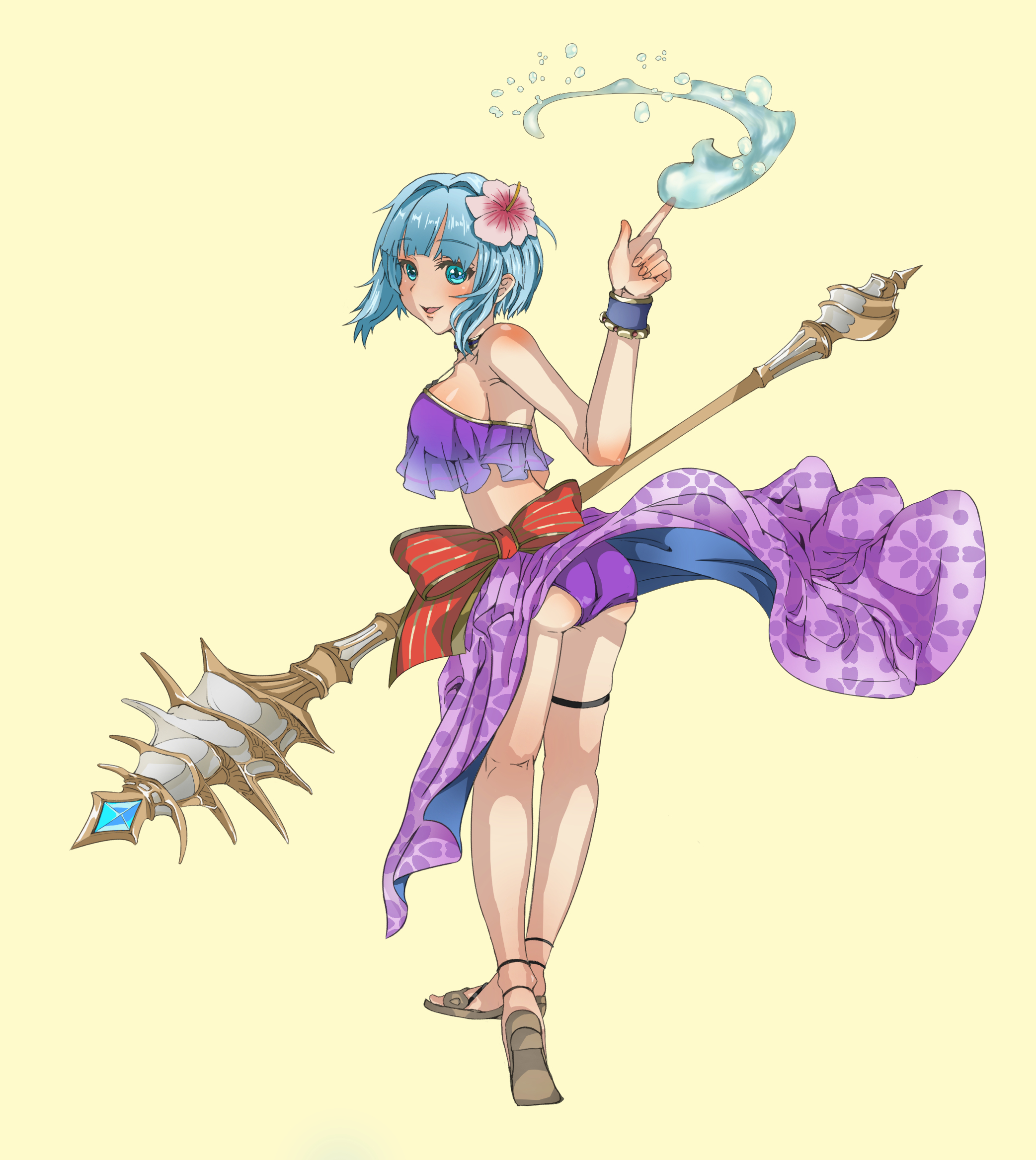 john999999999, fam (gakuen summer) (grimms notes), fam (grimms notes), grimms notes, 1girl, ass, bikini, blue hair, full body, hand up, holding, holding staff, purple bikini, short hair, simple background, solo, staff, swimsuit, yellow background
