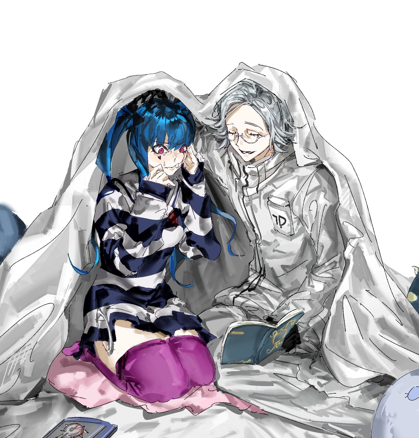 amemiya darumi, aotsuki eito, the hundred line -last defense academy-, 1boy, 1girl, arms up, black gloves, black hair, blanket, blue hair, book, closed eyes, glasses, gloves, grey hair, hoodie, long sleeves, multicolored hair, pink thighhighs, pleated skirt, safety pin, seiza, shirt, sitting, skirt, striped clothes, striped shirt, thighhighs, twintails, white hoodie