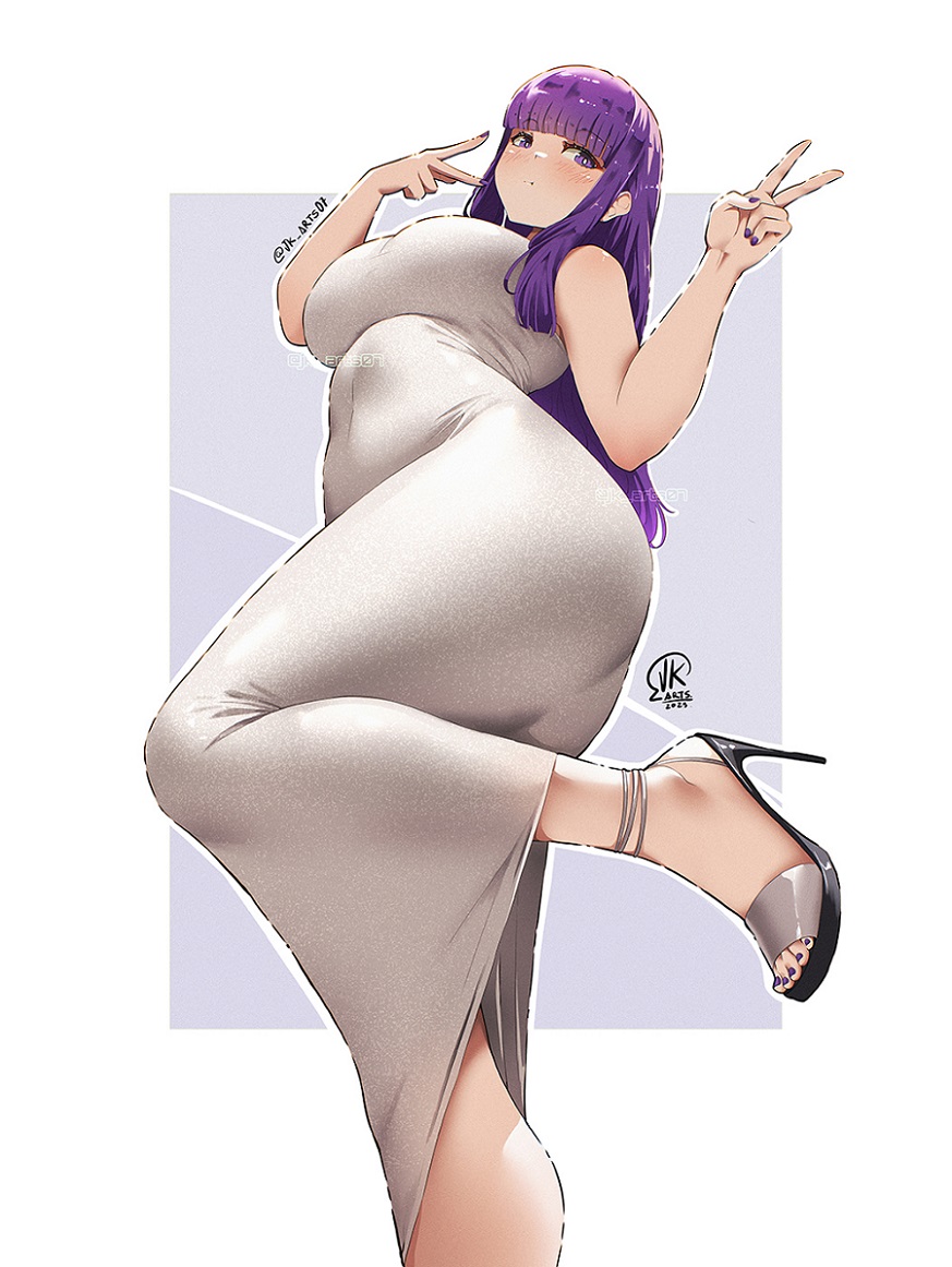 jk arts, fern (sousou no frieren), sousou no frieren, commentary, 1girl, alternate costume, ass, blunt bangs, breasts, double v, dress, from below, grey dress, high heels, large breasts, leg up, long hair, purple eyes, purple hair, purple nails, solo, twitter username, v