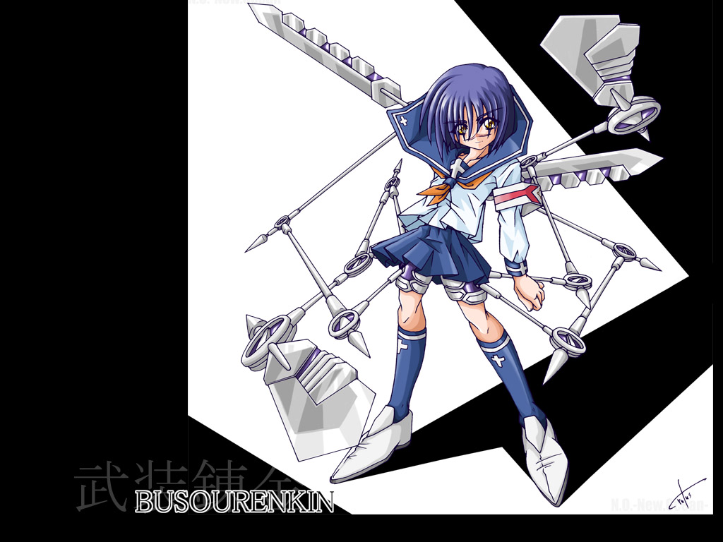 tsumura tokiko, busou renkin, 00s, blue hair, scar, school uniform, serafuku, valkyrie skirt, yellow eyes
