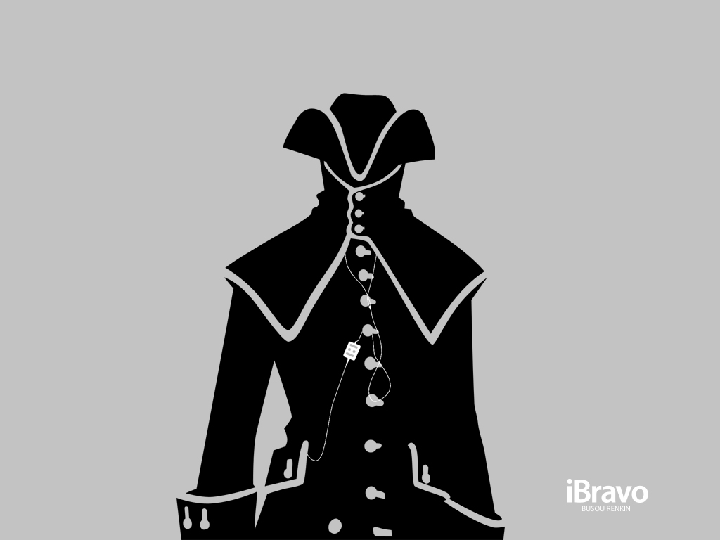 captain bravo, apple inc., busou renkin, tagme, 00s, 1boy, character name, copyright name, digital media player, earphones, facing viewer, grey background, ipod, ipod ad, limited palette, parody, silhouette, simple background, solo