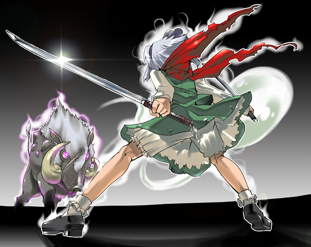 gengorou, konpaku youmu, konpaku youmu (ghost), mononoke hime, touhou, 1girl, boar, crossover, female focus, hitodama, katana, solo, sword, weapon