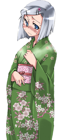 gengorou, konpaku youmu, touhou, 1girl, alternate costume, blush, female focus, floral print, floral print kimono, green kimono, japanese clothes, kimono, print kimono, simple background, solo, white background, yukata