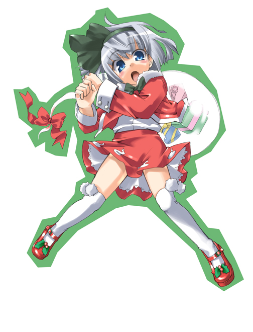 gengorou, konpaku youmu, konpaku youmu (ghost), touhou, silver hair, 1girl, blue eyes, bow, christmas, female focus, ghost, gift, hair ribbon, hitodama, kneehighs, ribbon, santa costume, short hair, socks, solo