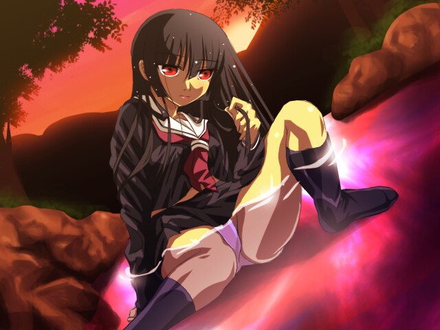 enma ai, jigoku shoujo, 00s, black hair, panties, red eyes, school uniform, serafuku, underwear
