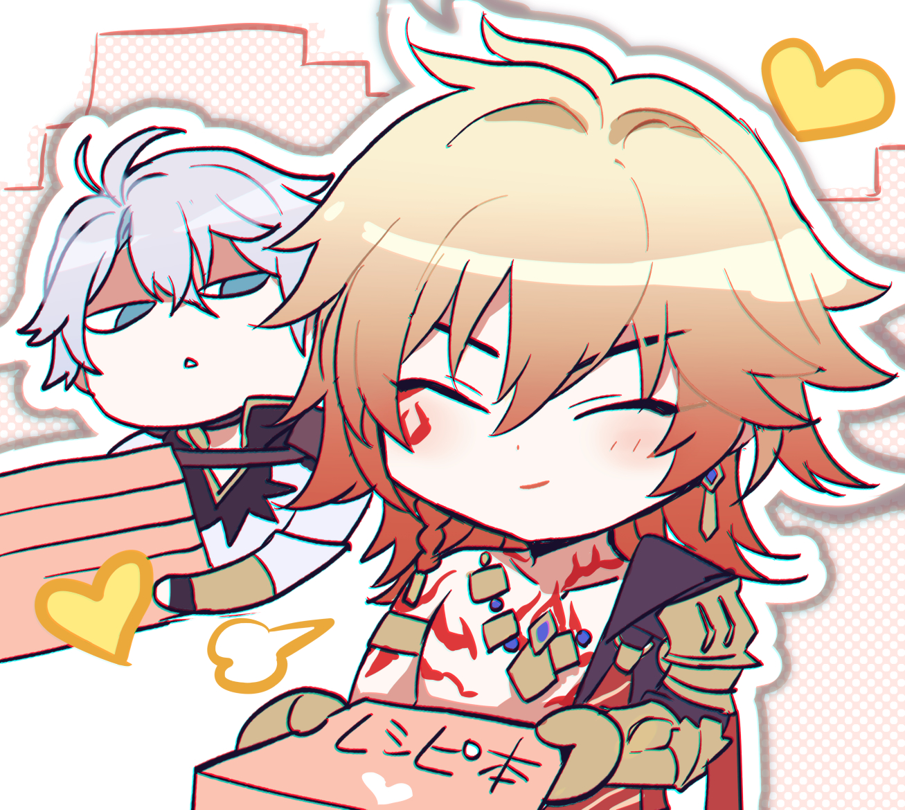 tamattama66, mydei (honkai: star rail), phainon (honkai: star rail), honkai: star rail, honkai (series), commentary request, 2boys, antenna hair, arm tattoo, armlet, armor, black coat, black shirt, blonde hair, blue eyes, blush, braid, chest tattoo, chibi, chibi only, clawed gauntlets, closed eyes, coat, earrings, facial tattoo, gold earrings, gold necklace, gradient hair, hair between eyes, jewelry, looking at another, male focus, medium hair, multicolored hair, multiple boys, necklace, open clothes, open coat, parted bangs, pauldrons, red hair, red tattoo, shirt, short hair, shoulder armor, side braid, single pauldron, tattoo, white coat, white hair