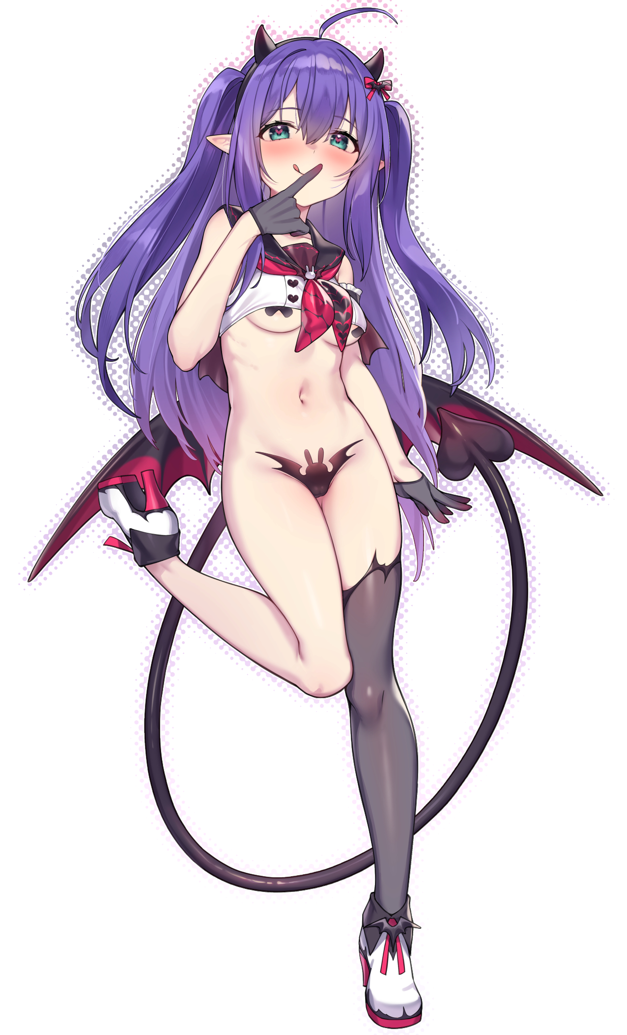 shennai misha, mochizuki anna, idolmaster, idolmaster million live!, highres, 1girl, :q, aqua eyes, areola slip, bandaid, bandaids on nipples, black gloves, black sailor collar, black thighhighs, blush, breasts, cameltoe, closed mouth, cropped shirt, demon girl, demon horns, demon tail, demon wings, full body, gloves, hair between eyes, hand up, heart, heart-shaped pupils, high heels, horns, long hair, looking at viewer, maebari, medium breasts, navel, neckerchief, pasties, purple hair, sailor collar, shirt, simple background, single thighhigh, sleeveless, sleeveless shirt, solo, standing, standing on one leg, symbol-shaped pupils, tail, thighhighs, tongue, tongue out, two side up, underboob, white background, wings