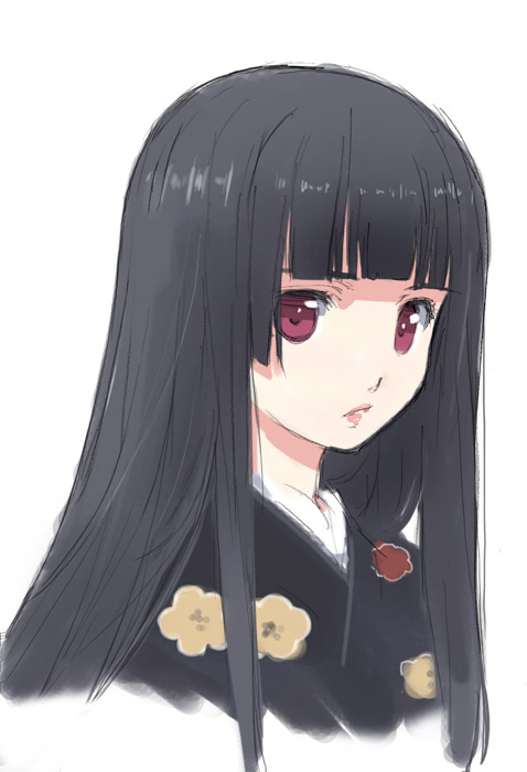 matsumoto noriyuki, enma ai, jigoku shoujo, 00s, black hair, blunt bangs, hime cut, japanese clothes, kimono, lips, portrait, red eyes, solo