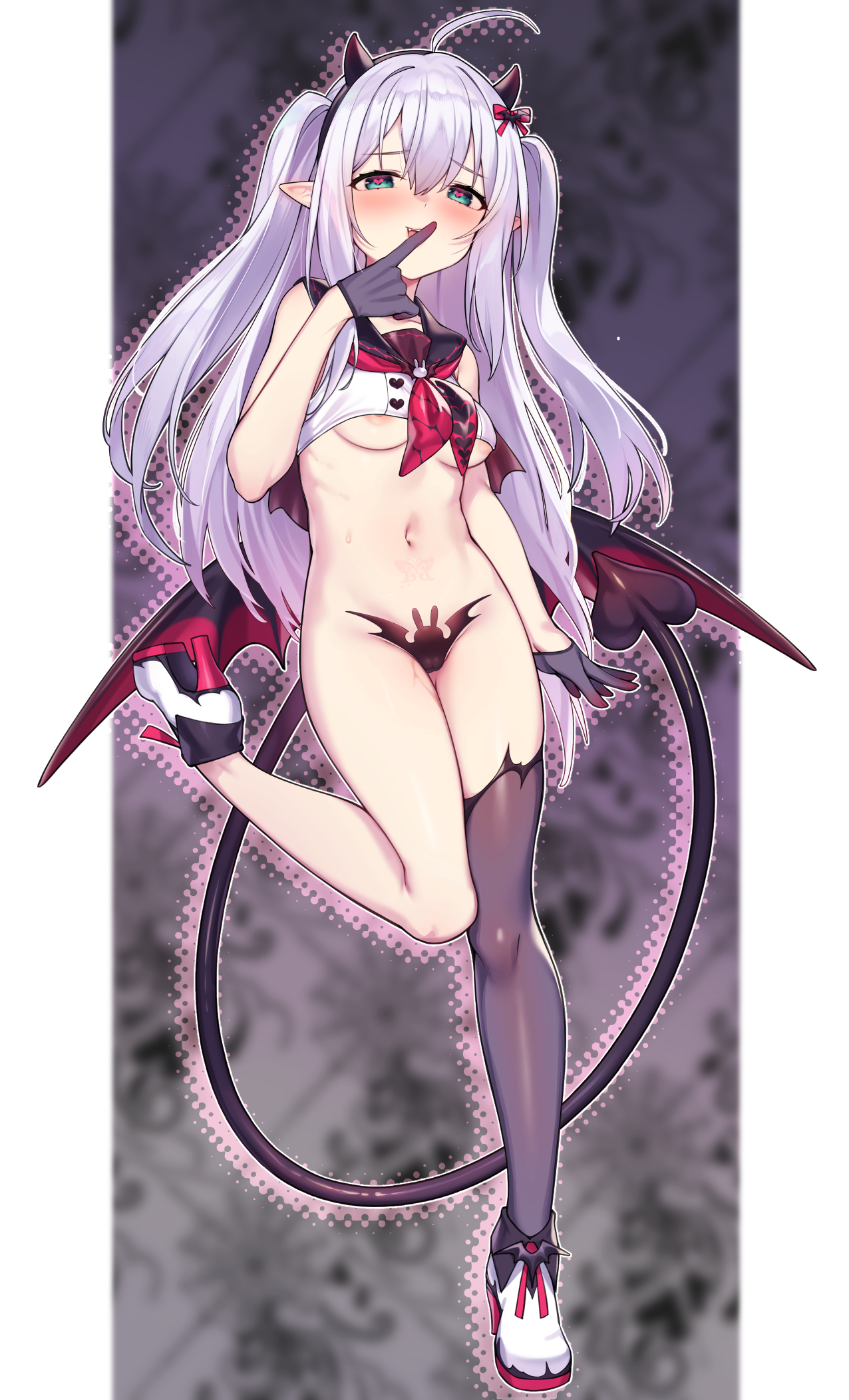 shennai misha, mochizuki anna, idolmaster, idolmaster million live!, highres, 1girl, :q, aqua eyes, areola slip, black gloves, black sailor collar, black thighhighs, blush, breasts, cameltoe, closed mouth, cropped shirt, demon girl, demon horns, demon tail, demon wings, full body, gloves, grey hair, hair between eyes, hand up, heart, heart-shaped pupils, high heels, horns, long hair, looking at viewer, maebari, medium breasts, navel, neckerchief, official alternate hairstyle, sailor collar, shirt, single thighhigh, sleeveless, sleeveless shirt, solo, standing, standing on one leg, symbol-shaped pupils, tail, thighhighs, tongue, tongue out, two side up, underboob, wings