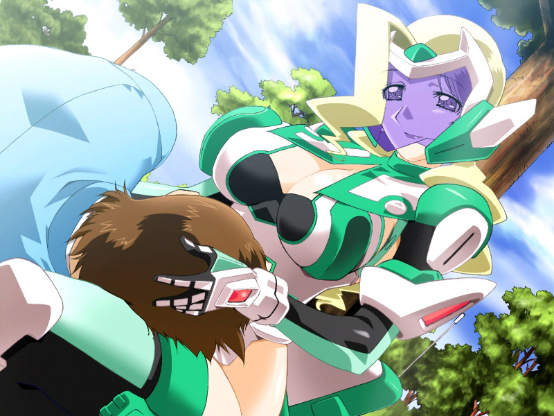 sophie andrea yukitou, hitozuma sentai aisaiger, visor, artist request, tagme, 1girl, blonde hair, bodysuit, breasts, cleavage, lap pillow, large breasts, outdoors