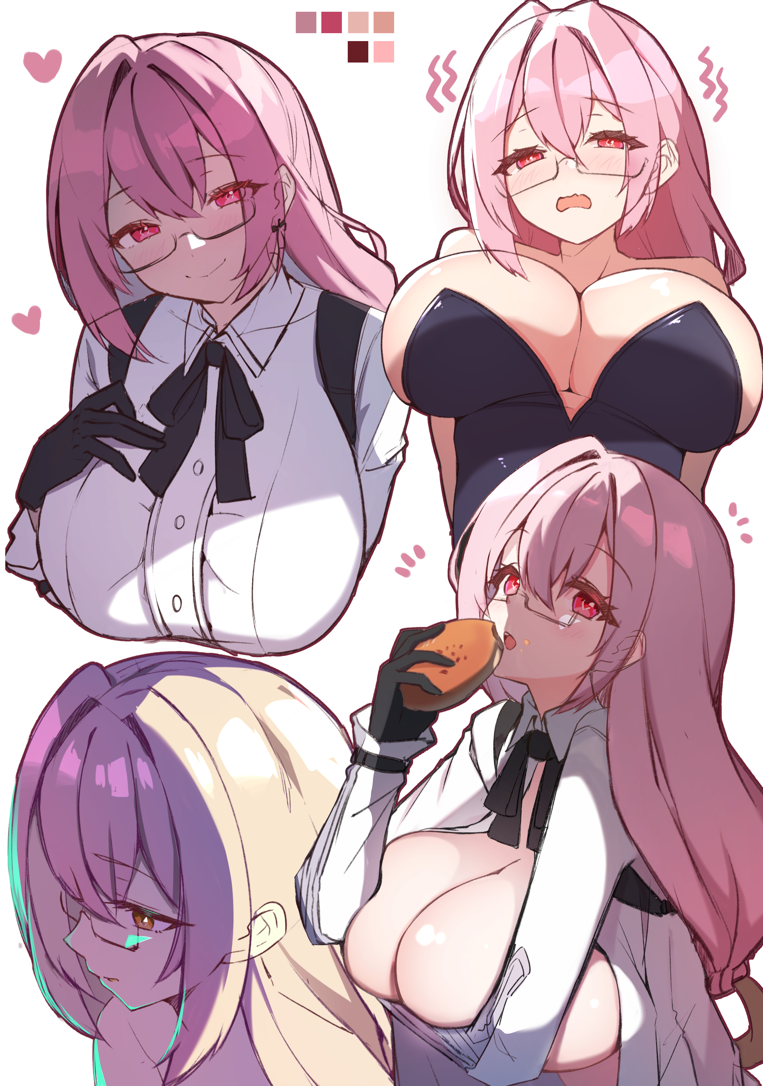 yuruto, tsukishiro yanagi, zenless zone zero, absurdres, highres, 1girl, bare shoulders, black leotard, blush, breasts, cleavage, collared shirt, eating, food, glasses, large breasts, leotard, long hair, long sleeves, looking at viewer, multiple views, open mouth, pink eyes, pink hair, shirt, smile, white shirt