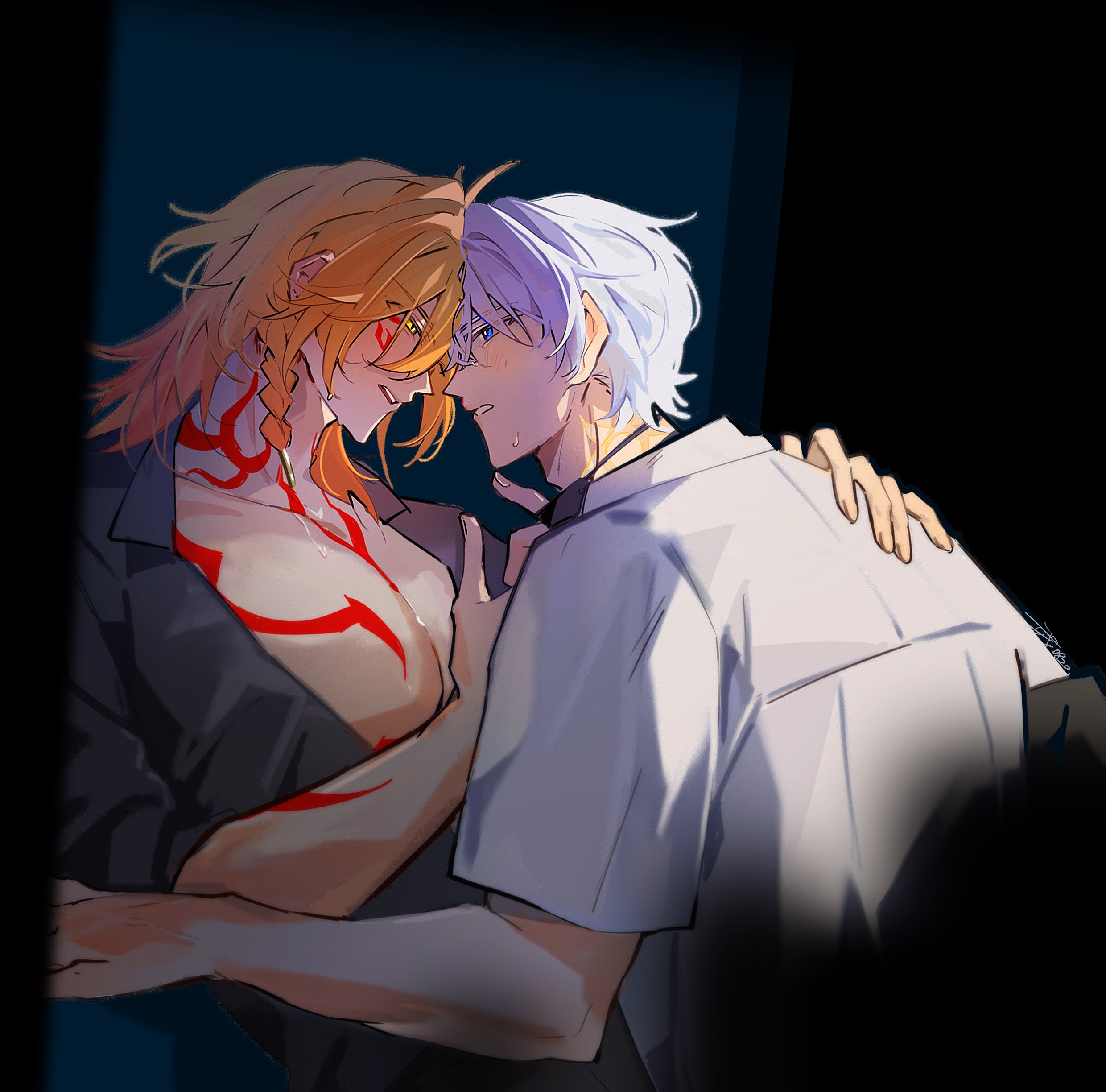 gomi0421, mydei (honkai: star rail), phainon (honkai: star rail), honkai: star rail, honkai (series), absurdres, commentary, english commentary, highres, 2boys, antenna hair, arm tattoo, black choker, black shirt, blonde hair, blue eyes, blush, braid, chest tattoo, choker, collared shirt, facial tattoo, gradient hair, hair between eyes, hand on another's shoulder, heads together, large pectorals, male focus, medium hair, multicolored hair, multiple boys, neck tattoo, pectoral cleavage, pectorals, red hair, red tattoo, shirt, short hair, side braid, sun symbol, sun tattoo, tan, tattoo, white hair, white shirt, yaoi, yellow eyes