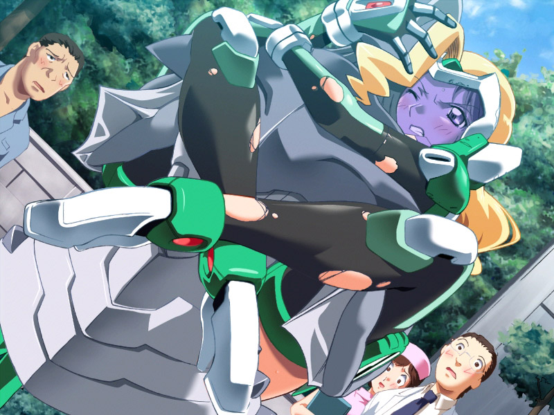 sophie andrea yukitou, hitozuma sentai aisaiger, visor, 2girls, 3boys, armor, blonde hair, blue eyes, blue skin, blush, clothed sex, colored skin, dutch angle, glasses, hat, multiple boys, multiple girls, nurse, open mouth, outdoors, public indecency, sex, sky, tokusatsu, torn clothes, tree, watching, wince