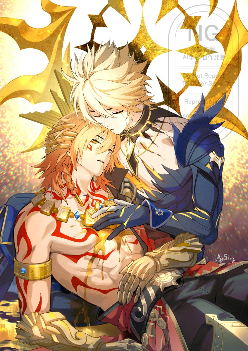myfairy&gonmi, mydei (honkai: star rail), phainon (honkai: star rail), phainon (khaslana) (honkai: star rail), honkai: star rail, honkai (series), highres, 2boys, abs, alternate form, arm tattoo, armlet, armor, asymmetrical wings, black coat, black pants, black shirt, black wings, blonde hair, braid, chest tattoo, clawed gauntlets, closed eyes, coat, cracked skin, earrings, facial tattoo, gold earrings, gold necklace, gradient hair, hair between eyes, halo, halo behind head, hand on another's head, jewelry, male focus, material growth, medium hair, multicolored hair, multiple boys, necklace, open clothes, open coat, pants, pauldrons, red hair, red tattoo, shirt, short hair, shoulder armor, side braid, single pauldron, tattoo, toned, toned male, torn clothes, torn shirt, watermark, wings, yellow blood, yellow eyes, yellow wings