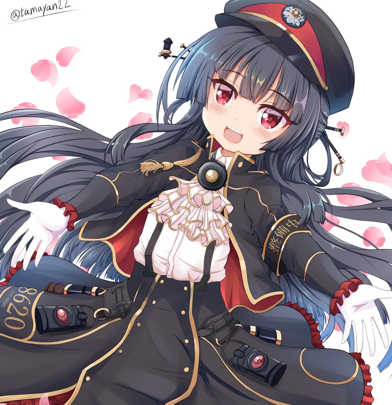 tamayan, hachiroku (maitetsu), maitetsu, commentary request, highres, 1girl, :d, armband, ascot, black armband, black hair, black hat, black jacket, black skirt, blunt bangs, blunt ends, blush, buttons, colored eyelashes, cowboy shot, double-breasted, dutch angle, floating hair, frilled skirt, frilled sleeves, frills, gloves, hair ornament, hair rings, hair stick, half updo, happy, hat, high-waist skirt, hime cut, jacket, long hair, long sleeves, looking at viewer, open clothes, open jacket, open mouth, outstretched arms, outstretched hand, peaked cap, petals, red eyes, shirt, sidelocks, simple background, skirt, smile, solo, suspender skirt, suspenders, teeth, twitter username, upper teeth only, very long hair, white ascot, white background, white gloves, white shirt