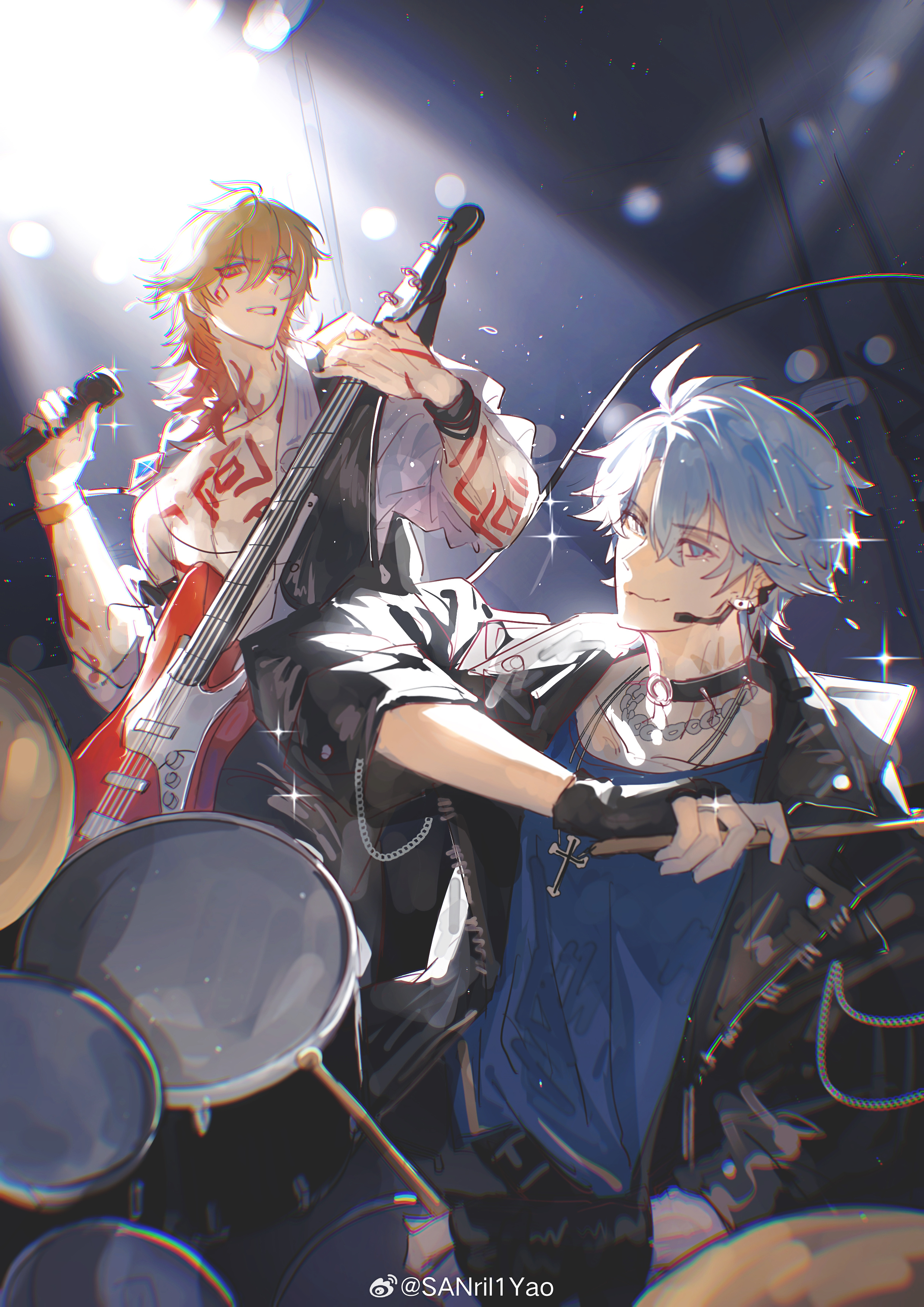 mydei (honkai: star rail), phainon (honkai: star rail), honkai: star rail, honkai (series), absurdres, bilingual commentary, chinese commentary, commentary, commentary request, english commentary, highres, mixed-language commentary, 2boys, antenna hair, arm tattoo, bare pectorals, black choker, black jacket, blonde hair, blue eyes, blue shirt, braid, chest tattoo, choker, drum, drumsticks, electric guitar, facial tattoo, gradient hair, guitar, hair between eyes, holding, holding drumsticks, holding instrument, holding microphone, instrument, jacket, male focus, medium hair, microphone, multicolored hair, multiple boys, music, neck tattoo, open clothes, open jacket, open shirt, parted bangs, pectorals, playing instrument, red hair, red tattoo, sanril1yao, shirt, short hair, side braid, stage lights, sun symbol, sun tattoo, tan, tattoo, watermark, weibo watermark, white hair, white shirt, yellow eyes