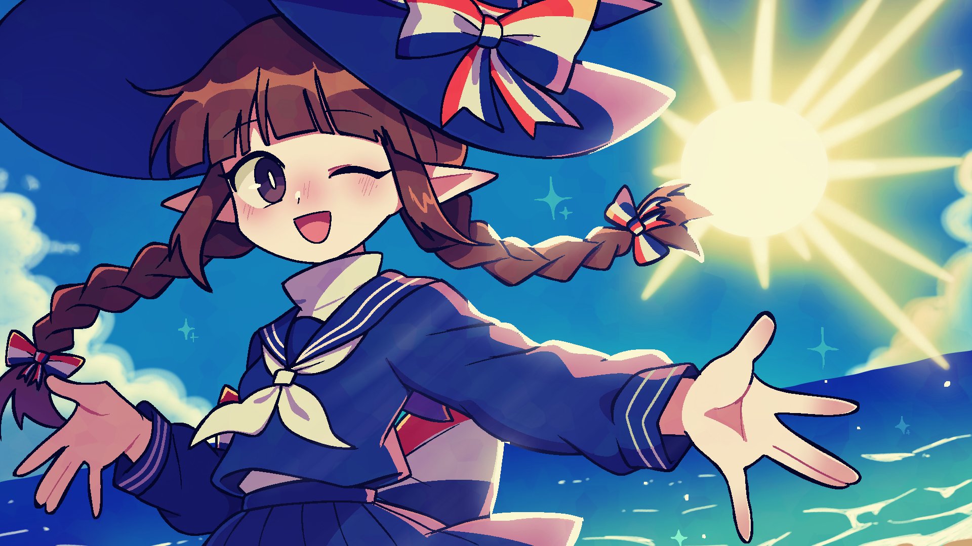 wadanohara, funamusea, oounabara to wadanohara, highres, 488tk, blue sailor collar, blue shirt, blue skirt, blue sky, bow, brown hair, cloud, grey eyes, hat, ocean, one eye closed, pleated skirt, pointy ears, ribbon, sailor collar, shirt, skirt, sky, striped bow, striped ribbon, sun, sunlight, turtleneck, umbrella, white umbrella, witch hat