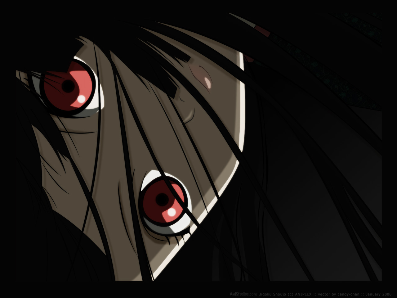 enma ai, jigoku shoujo, official art, official wallpaper, tagme, 00s, black hair, red eyes