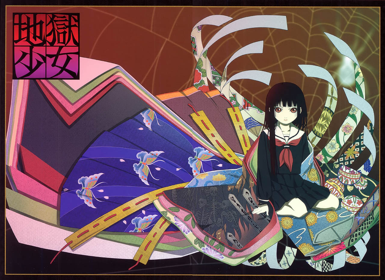 enma ai, jigoku shoujo, official art, 00s, black hair, red eyes, school uniform, serafuku