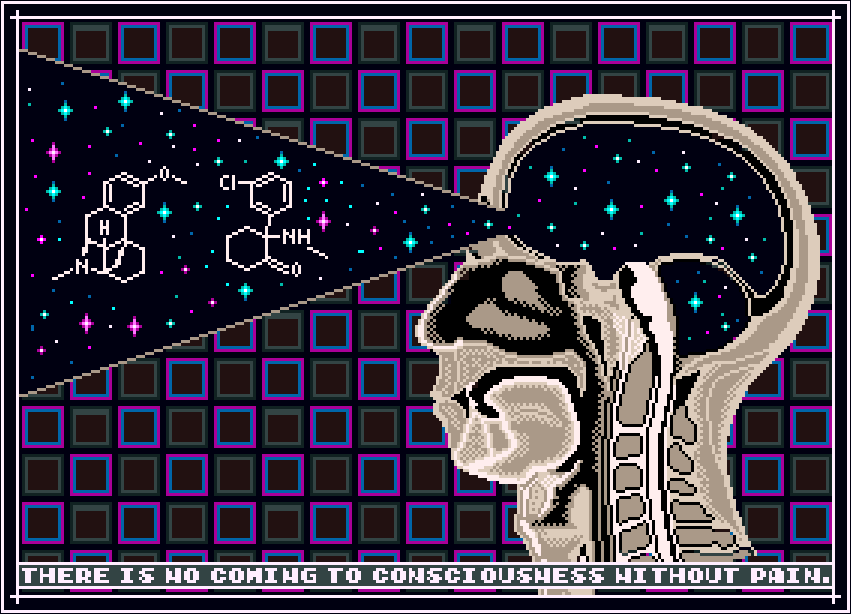original, commentary request, 1other, checkered background, chemical formula, cross-section, dextromethorphan, drugs, english text, faux retro artstyle, ketamine, pixel art, profile, simple background, solo, space, tenora teno