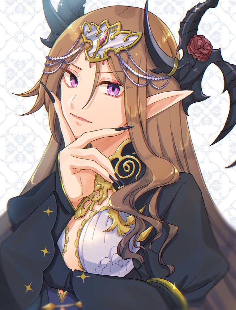 fairy carabosse (grimms notes), grimms notes, 1girl, breasts, brown hair, closed mouth, hand up, long hair, looking at viewer, pointy ears, purple eyes, smile, solo, taurus eridanus