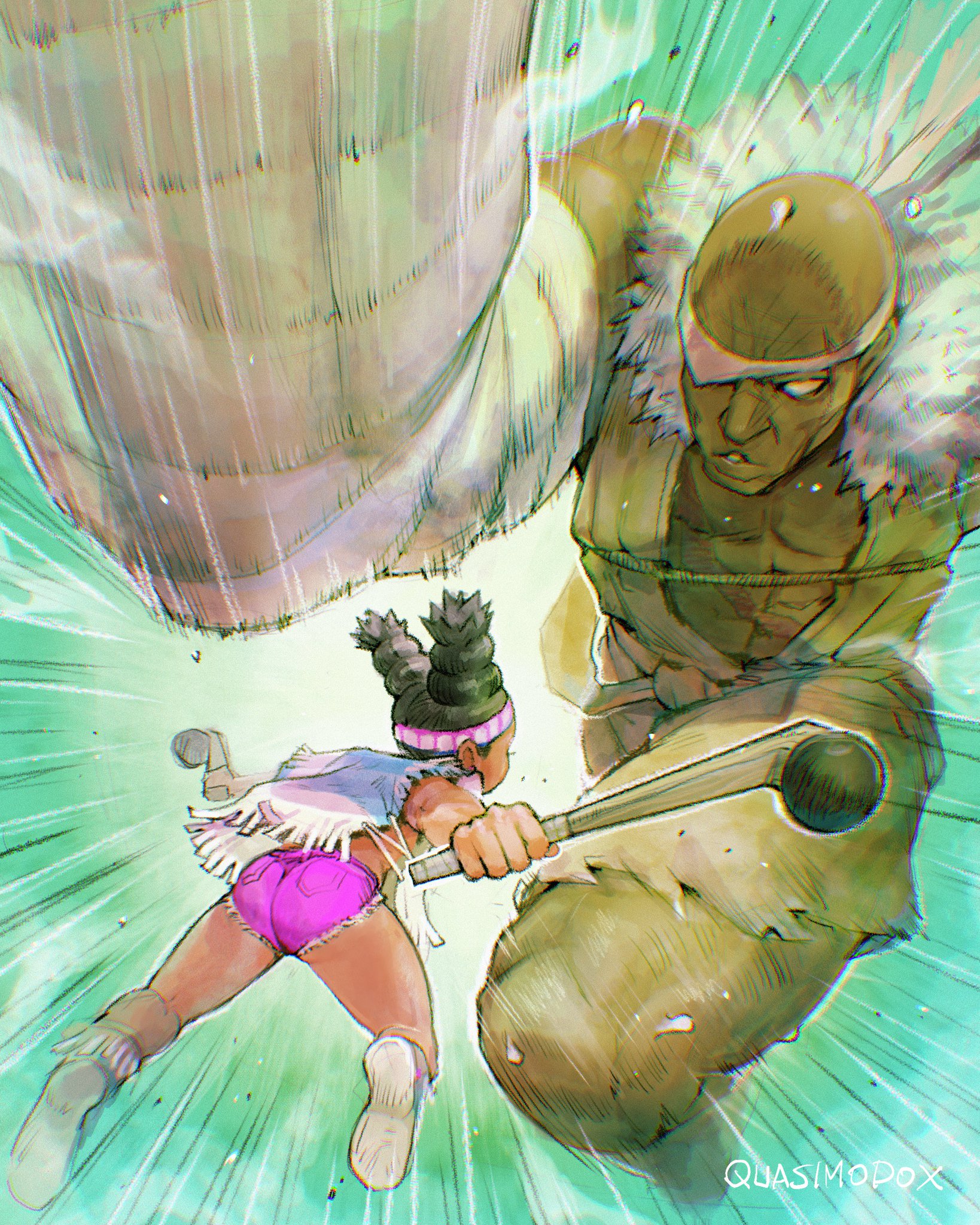 quasimodox, lily hawk, sagat, street fighter, street fighter 6, 1boy, 1girl, ass, bald, bare shoulders, black hair, dark-skinned female, dark skin, eyepatch, fighting, multi-tied hair, muscular, muscular male, shoes, short shorts, shorts, tall male