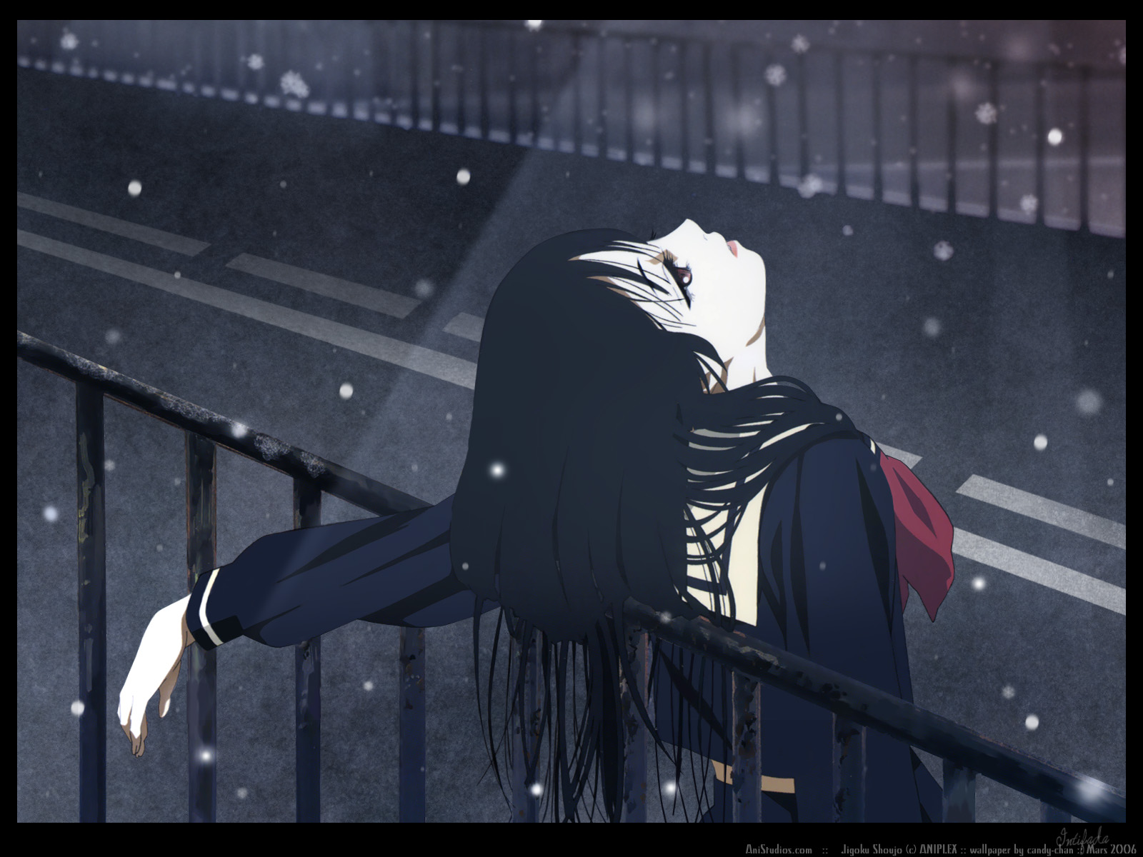 enma ai, jigoku shoujo, highres, official art, official wallpaper, 00s, black hair, red eyes, school uniform, serafuku
