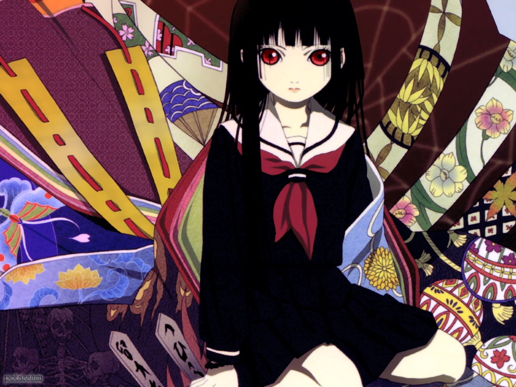 enma ai, jigoku shoujo, official art, official wallpaper, 00s, black hair, red eyes, school uniform, serafuku