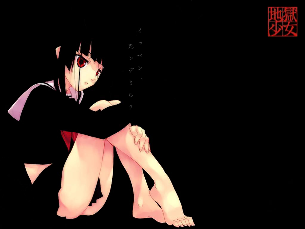 enma ai, jigoku shoujo, 00s, barefoot, black hair, feet, red eyes, school uniform, serafuku