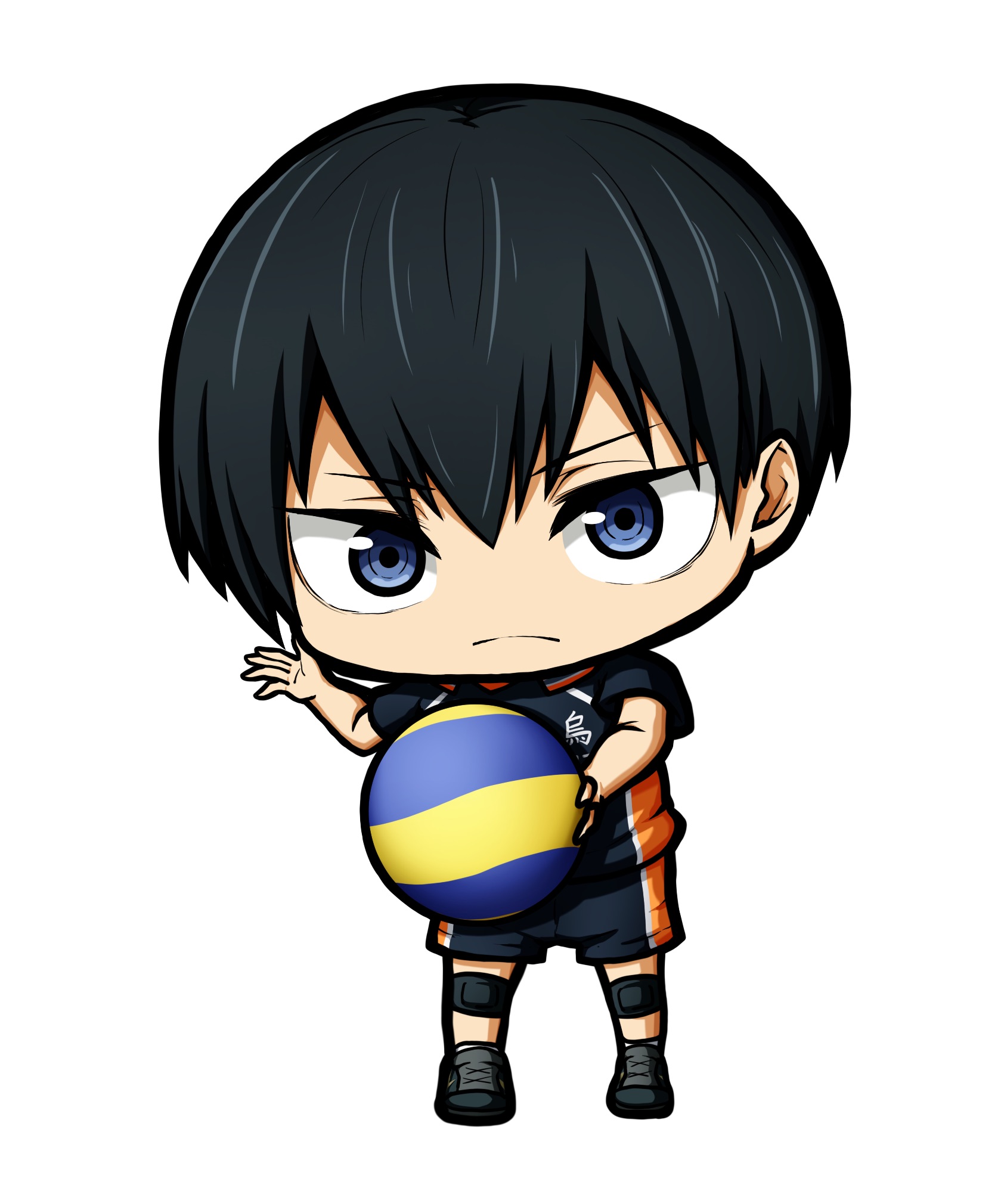 kuena, kageyama tobio, haikyuu!!, highres, >:(, 1boy, ball, black hair, black shirt, black shoes, black shorts, blue eyes, chibi, closed mouth, frown, full body, hair between eyes, holding, holding ball, knee pads, looking at viewer, male focus, shirt, shoes, short sleeves, shorts, simple background, socks, solo, v-shaped eyebrows, white background, white socks