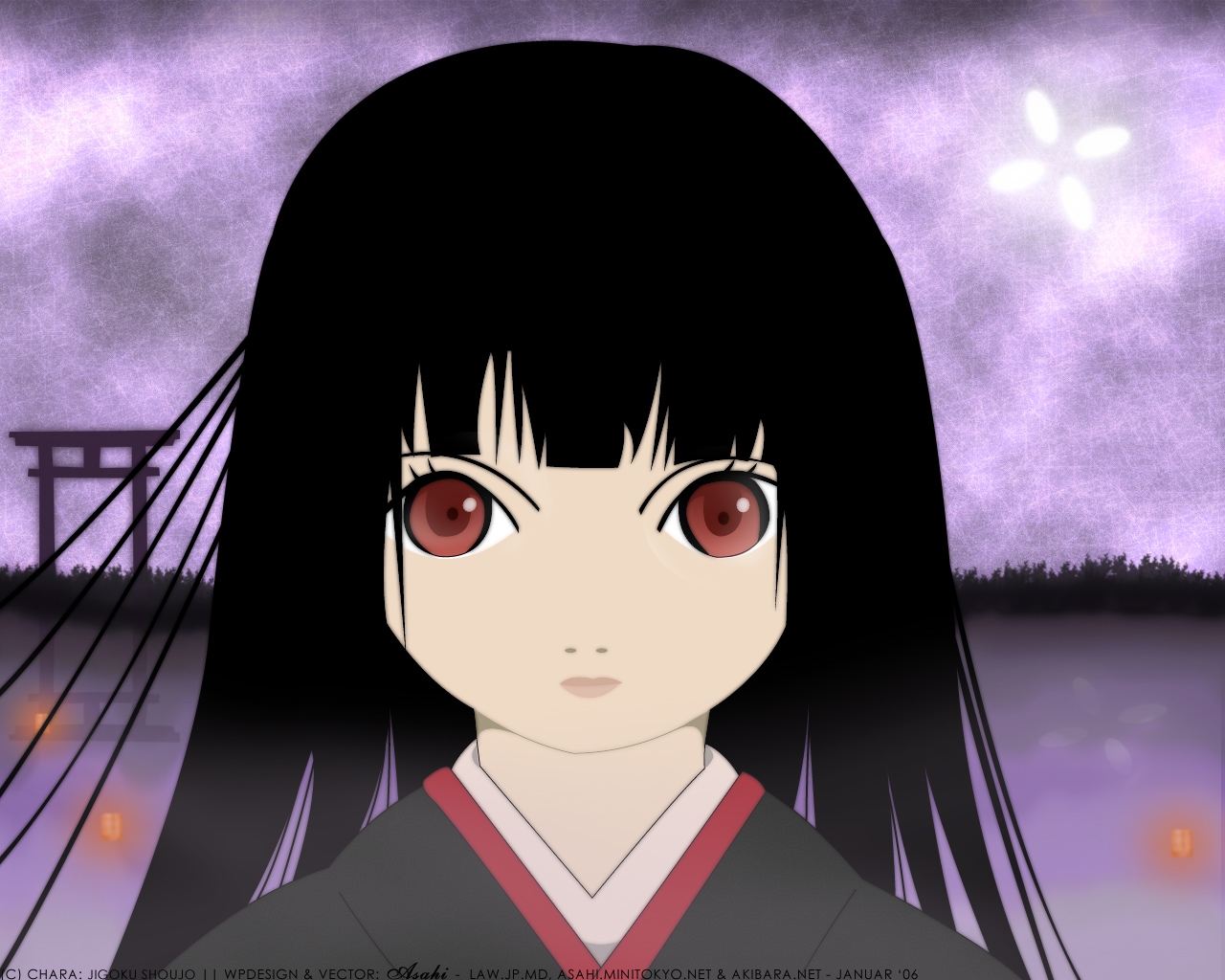 enma ai, jigoku shoujo, tagme, 00s, black hair, japanese clothes, kimono, red eyes