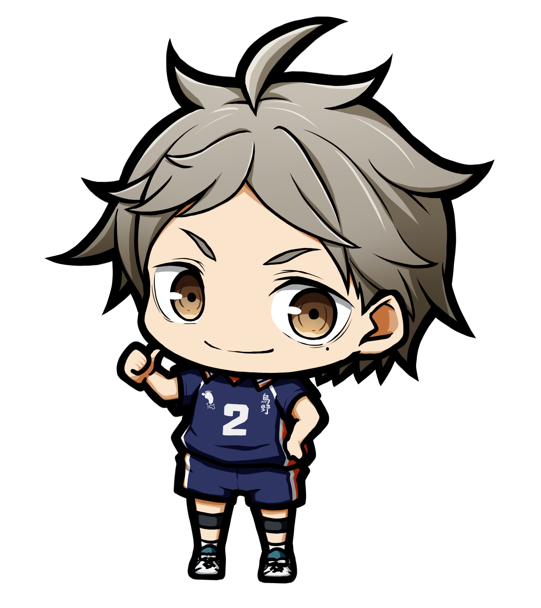 kuena, sugawara koushi, haikyuu!!, highres, >:), 1boy, blue shirt, blue shorts, brown eyes, chibi, closed mouth, collared shirt, full body, grey hair, hand on own hip, hand up, looking at viewer, male focus, mole, mole under eye, pointing, pointing at self, shirt, shoes, short sleeves, shorts, simple background, smile, socks, solo, standing, thick eyebrows, v-shaped eyebrows, white background, white shoes, white socks