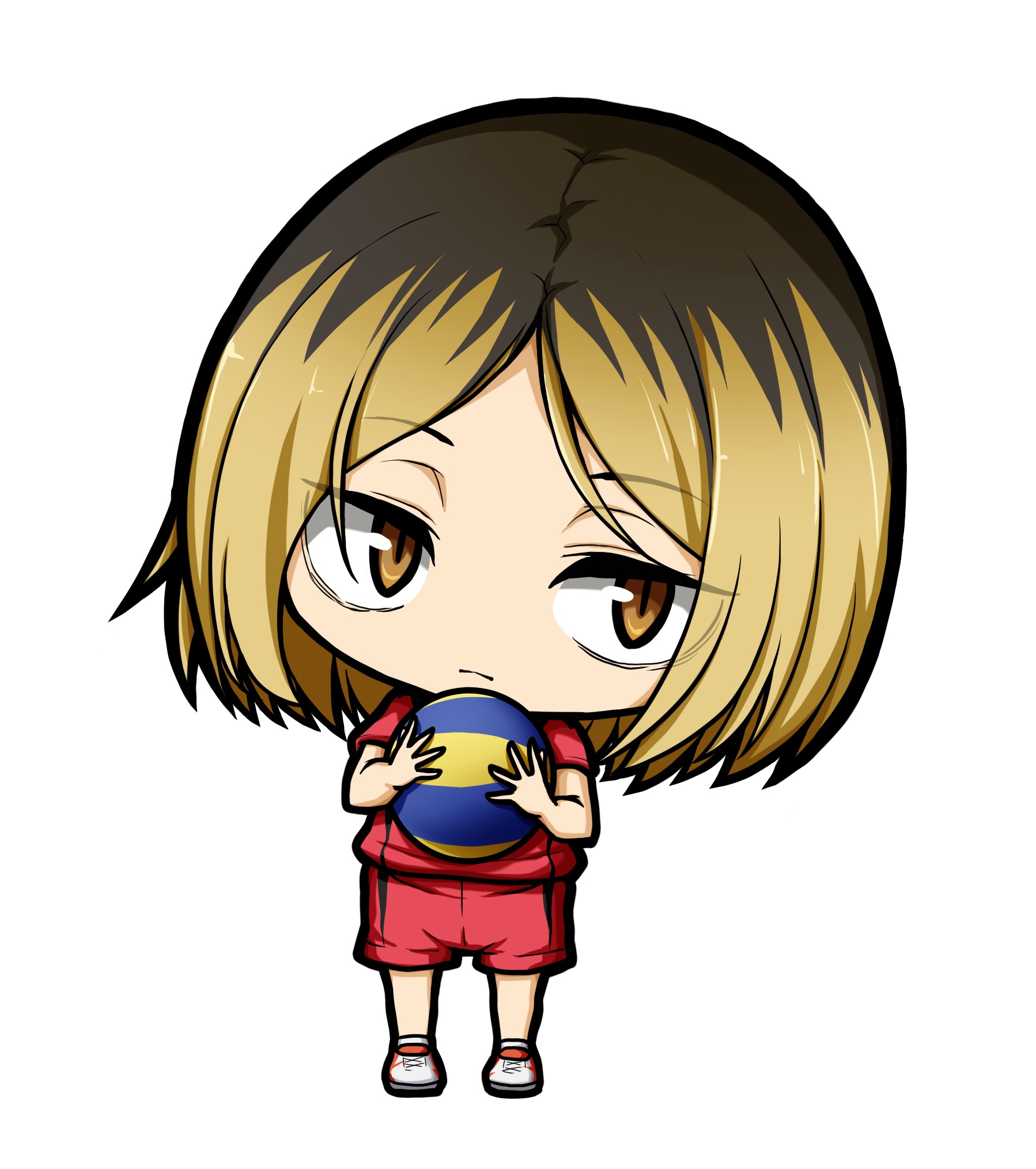 kuena, kozume kenma, haikyuu!!, highres, 1boy, ball, brown eyes, brown hair, chibi, closed mouth, full body, head tilt, holding, holding ball, male focus, multicolored hair, parted bangs, red shirt, red shorts, shirt, shoes, short sleeves, shorts, simple background, socks, solo, standing, two-tone hair, white background, white shoes, white socks