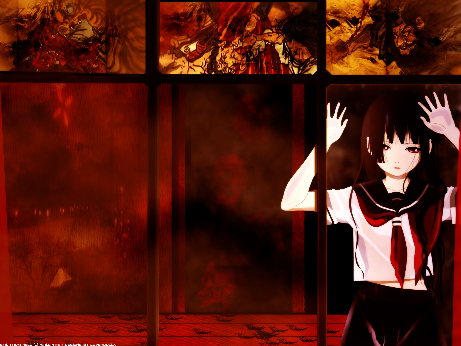 enma ai, jigoku shoujo, highres, official art, official wallpaper, 00s, black hair, blunt bangs, hime cut, red eyes, school uniform, serafuku, solo