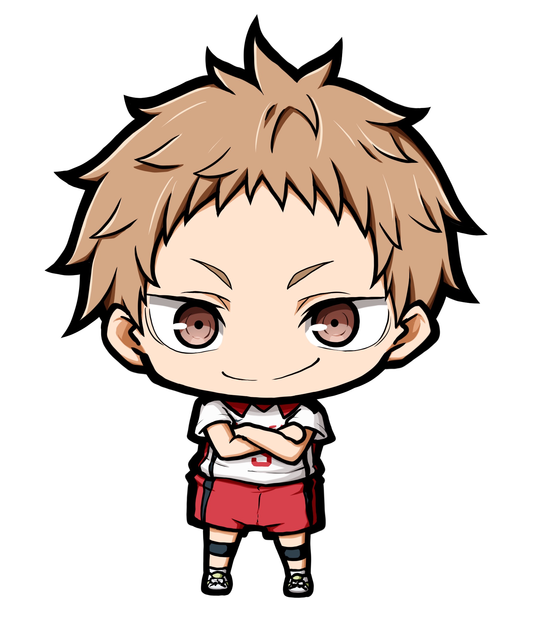 kuena, haikyuu!!, character request, highres, >:), 1boy, brown eyes, brown hair, chibi, closed mouth, collared shirt, crossed arms, full body, looking at viewer, male focus, red shorts, shirt, shoes, short eyebrows, short sleeves, shorts, simple background, smile, socks, solo, standing, thick eyebrows, v-shaped eyebrows, white background, white shirt, white shoes, white socks