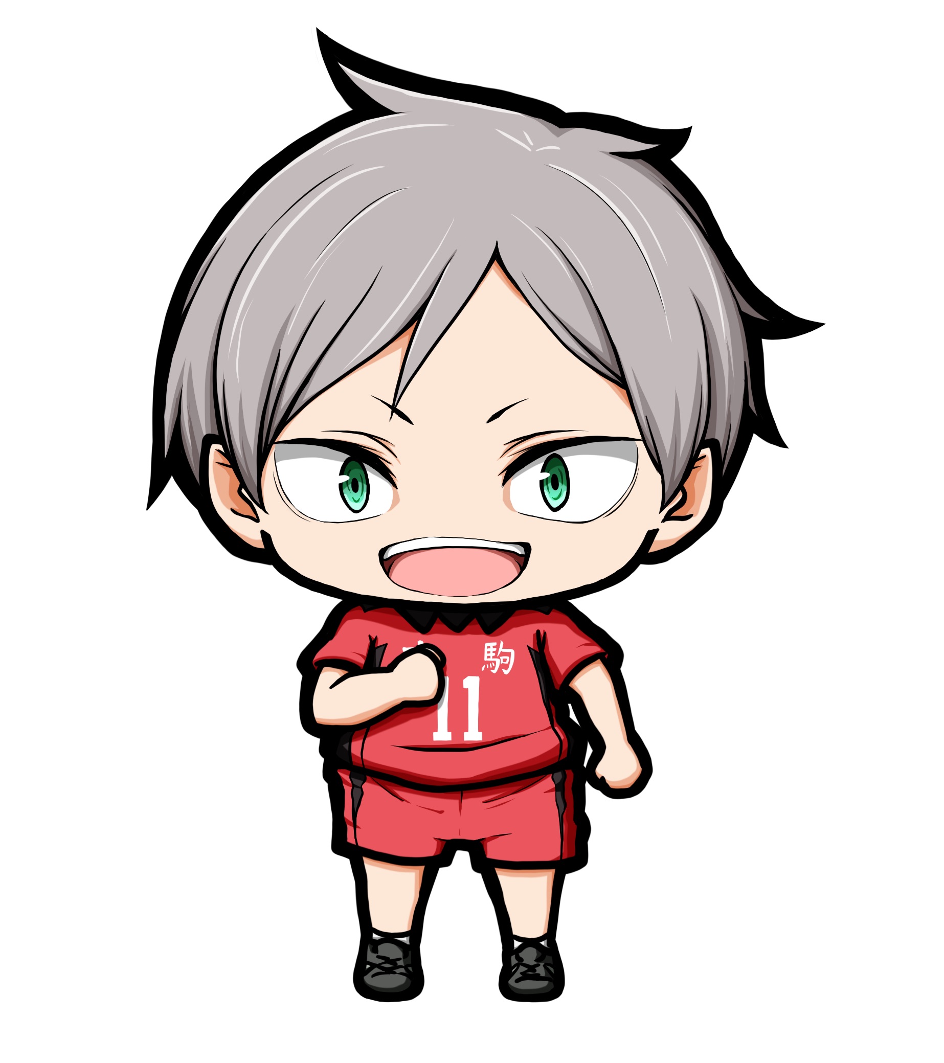 kuena, haikyuu!!, character request, highres, 1boy, :d, black shoes, chibi, collared shirt, full body, green eyes, grey hair, looking at viewer, male focus, open mouth, red shirt, red shorts, shirt, shoes, short sleeves, shorts, simple background, smile, socks, solo, standing, v-shaped eyebrows, white background, white socks