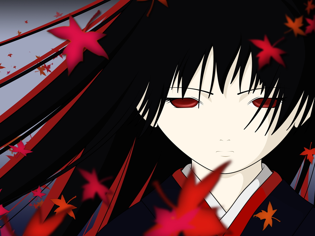 enma ai, jigoku shoujo, tagme, 00s, black hair, japanese clothes, kimono, red eyes