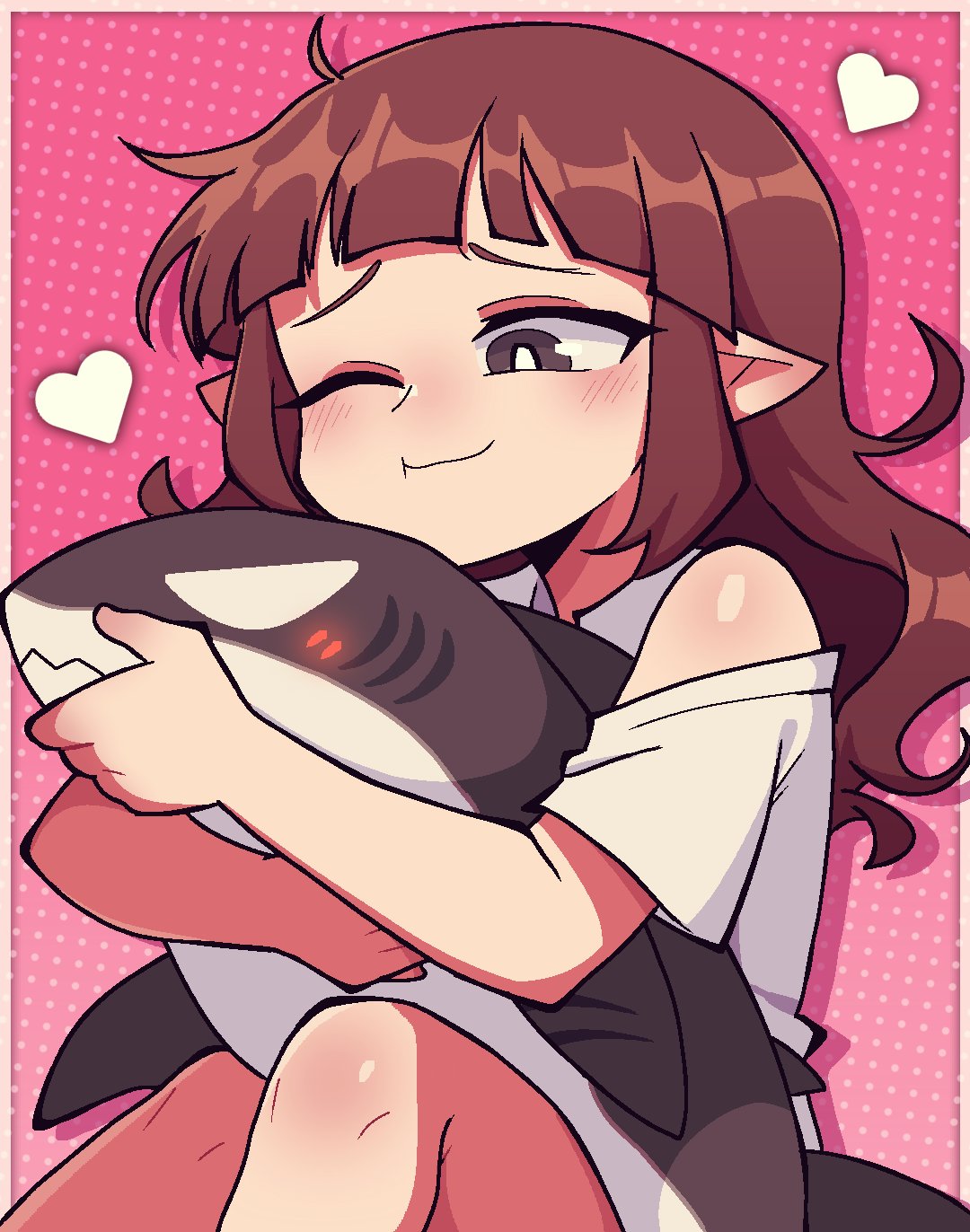 samekichi (funamusea), wadanohara, funamusea, oounabara to wadanohara, highres, 488tk, brown hair, character doll, doll, grey eyes, hand up, heart, hugging doll, hugging object, pink background, pointy ears, shirt, stuffed animal, stuffed shark, stuffed toy, white shirt