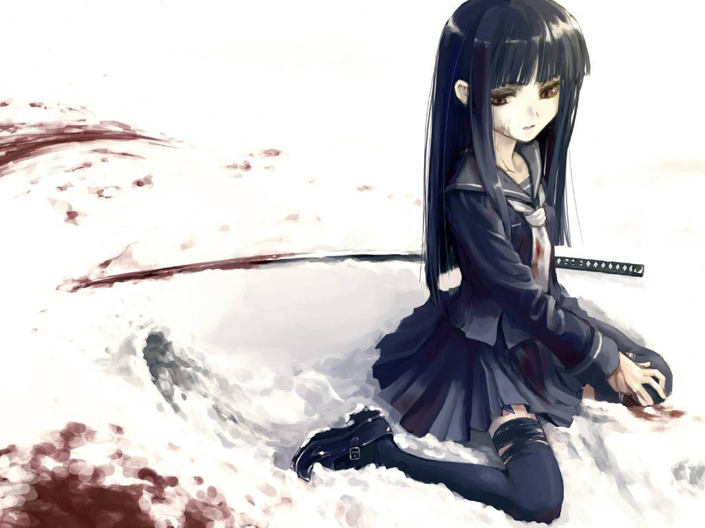 konoe ototsugu, enma ai, jigoku shoujo, 00s, 1girl, black hair, black thighhighs, blood, blunt bangs, female focus, flat chest, katana, loafers, long hair, necktie, on ground, outdoors, pleated skirt, red eyes, school uniform, serafuku, shoes, sitting, skirt, snow, solo, spread legs, sword, thighhighs, torn clothes, torn thighhighs, wariza, weapon, zettai ryouiki