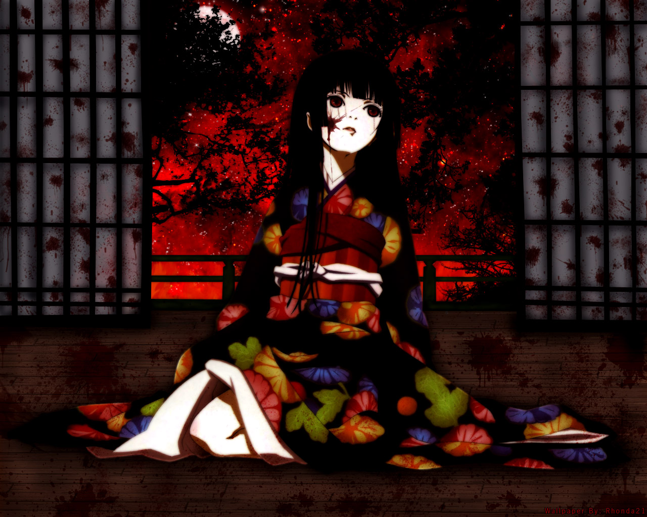 enma ai, jigoku shoujo, 00s, black hair, japanese clothes, kimono, red eyes