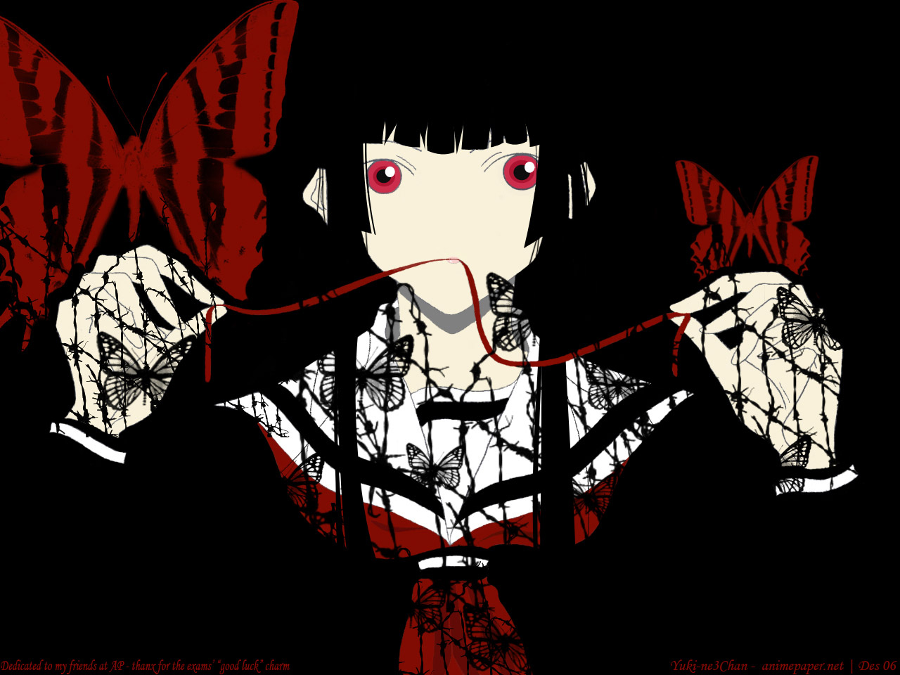 enma ai, jigoku shoujo, 00s, black hair, red eyes, school uniform, serafuku
