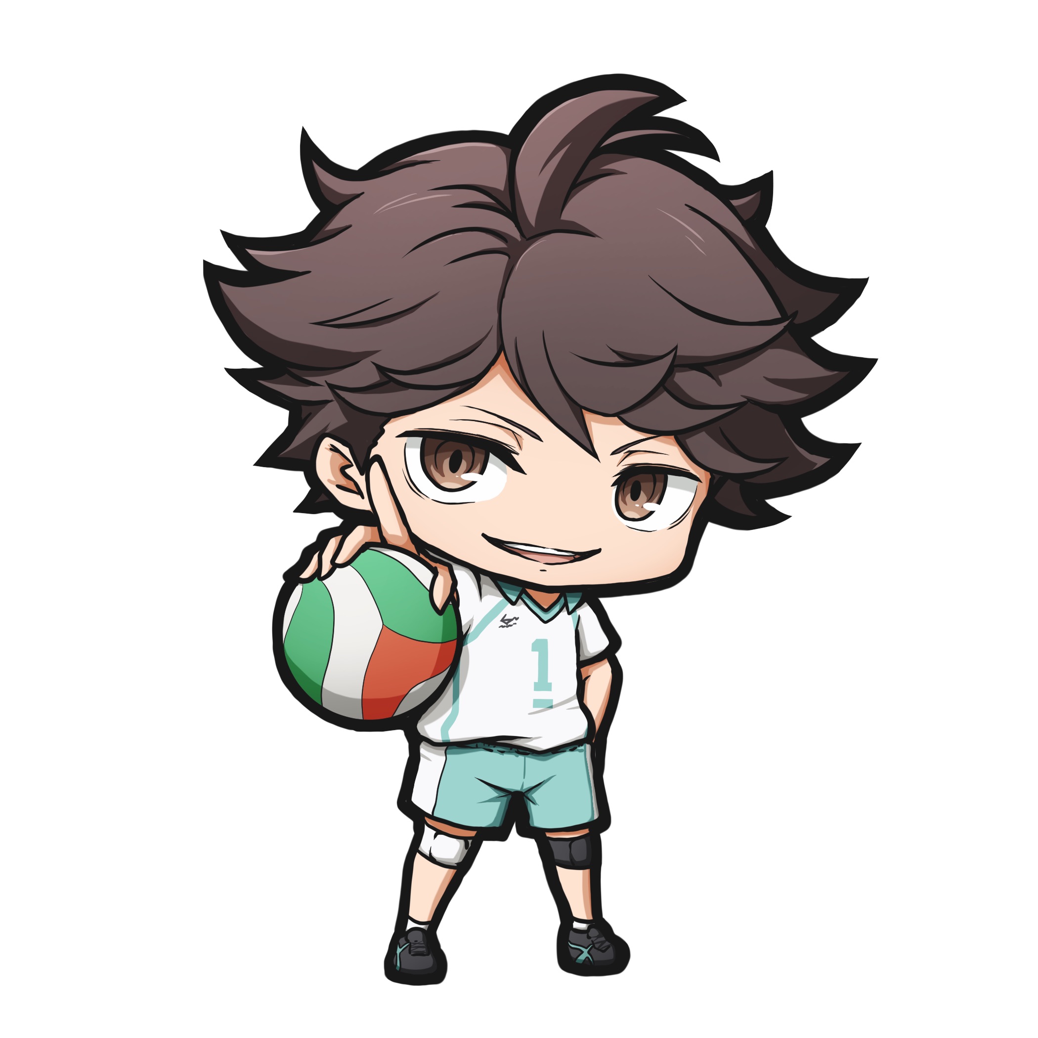 kuena, oikawa tooru (haikyuu!!), haikyuu!!, highres, 1boy, ball, black shoes, blue shorts, brown eyes, brown hair, chibi, collared shirt, full body, holding, holding ball, knee pads, looking at viewer, male focus, pointing, pointing at viewer, shirt, shoes, short sleeves, shorts, simple background, smile, socks, solo, standing, white background, white shirt, white socks