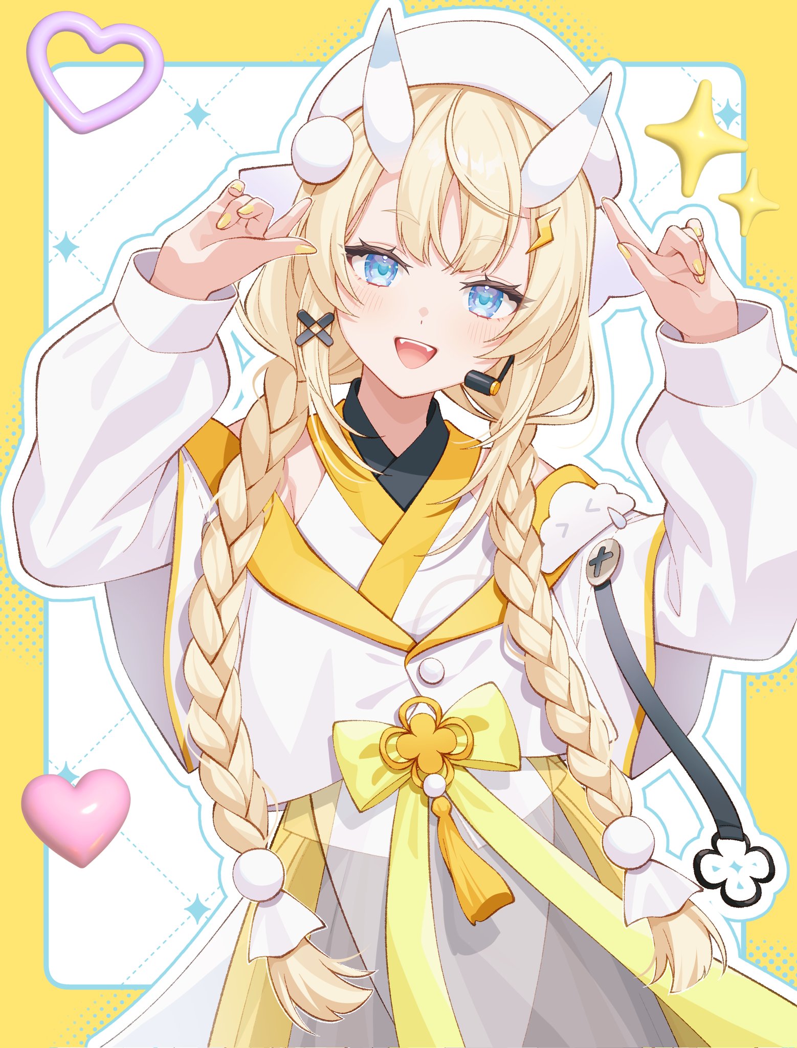 pochimaru (marumaru wanwan), kadou mikaru, nijisanji, highres, 1girl, :d, arms up, bare shoulders, black skirt, blonde hair, blue eyes, blue horns, blush, border, braid, coat, cowboy shot, fangs, flower knot, hair ornament, hair over breasts, hair over shoulder, hakama, hakama skirt, hat, headset, heart, horns, index finger raised, japanese clothes, kimono, layered sleeves, lightning bolt, lightning bolt hair ornament, lightning bolt symbol, long sleeves, looking at viewer, low twin braids, multicolored horns, nail polish, off-shoulder coat, off shoulder, open mouth, outline, outside border, pom pom (clothes), pom pom hair ornament, puffy long sleeves, puffy sleeves, ribbon, screw, see-through clothes, short over long sleeves, short sleeves, sidelocks, simple background, skirt, smile, solo, standing, teruterubouzu, twin braids, two-tone horns, virtual youtuber, white background, white coat, white hat, white horns, white kimono, white outline, x hair ornament, yellow border, yellow nails, yellow ribbon, yellow trim